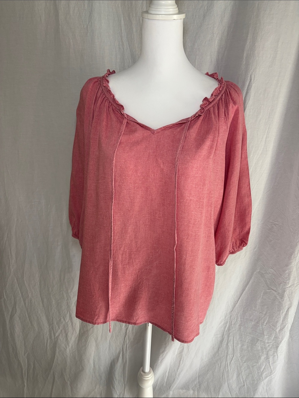 Women's Soft Pink Peasant Blouse with Tie Neck